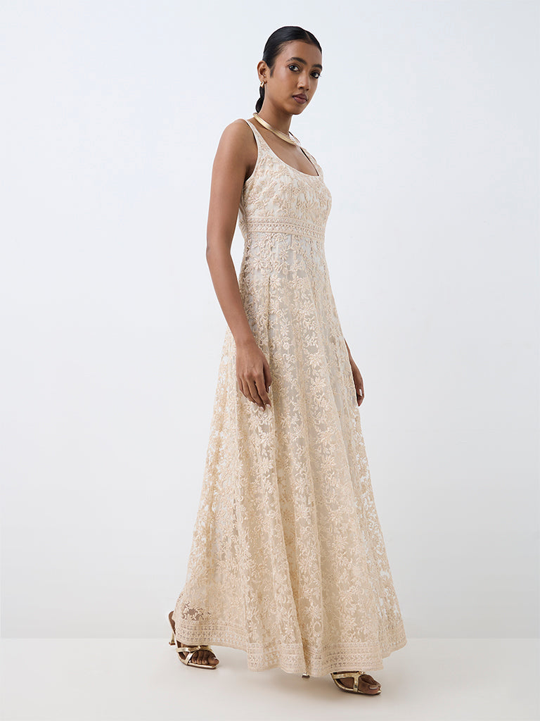 Vark Ivory Floral Embroidered Mesh Empire A-Line Dress