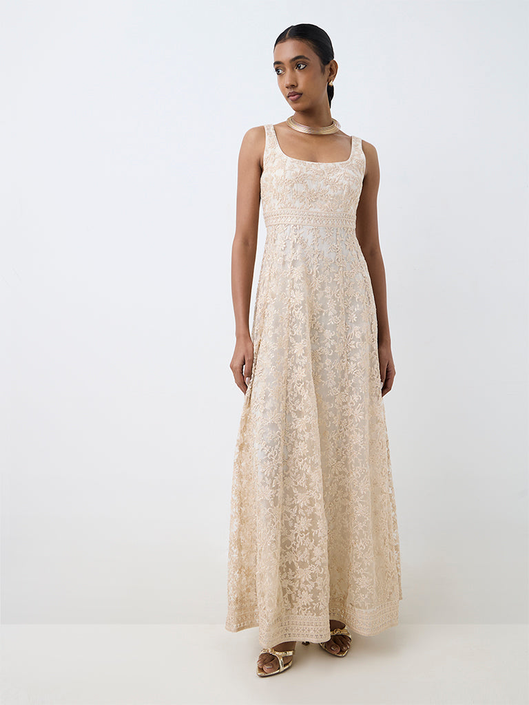 Vark Ivory Floral Embroidered Mesh Empire A-Line Dress