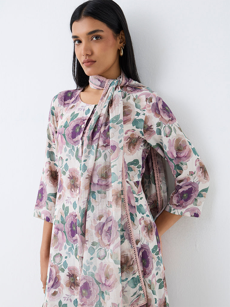 Zuba Multicolour Floral Printed Silk Dupatta