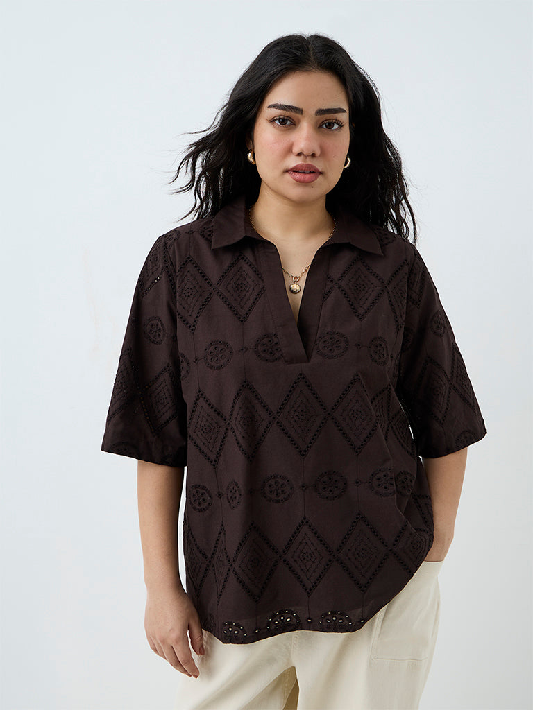 Gia Dark Brown Geometric Embroidered Blouse